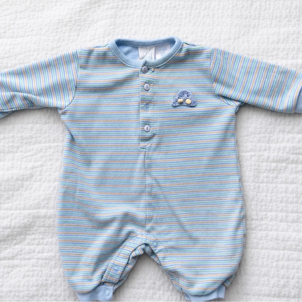 Cherokee Baby 0-3 mos Blue Striped Baby One-Piece Romper‎ Embroidered